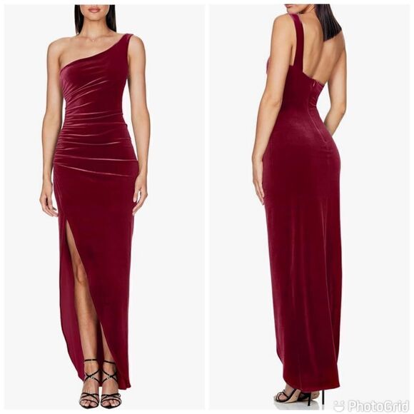 NWT L'VOW STUDIO Elegant Ruched Velvet One Shoulder High Waist Side Slit Bodycon - Picture 2 of 13